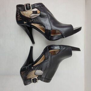 Nine West Stiletto Heels Women's 8 Black Leather Peep Toe Sandal Bootie Buckle